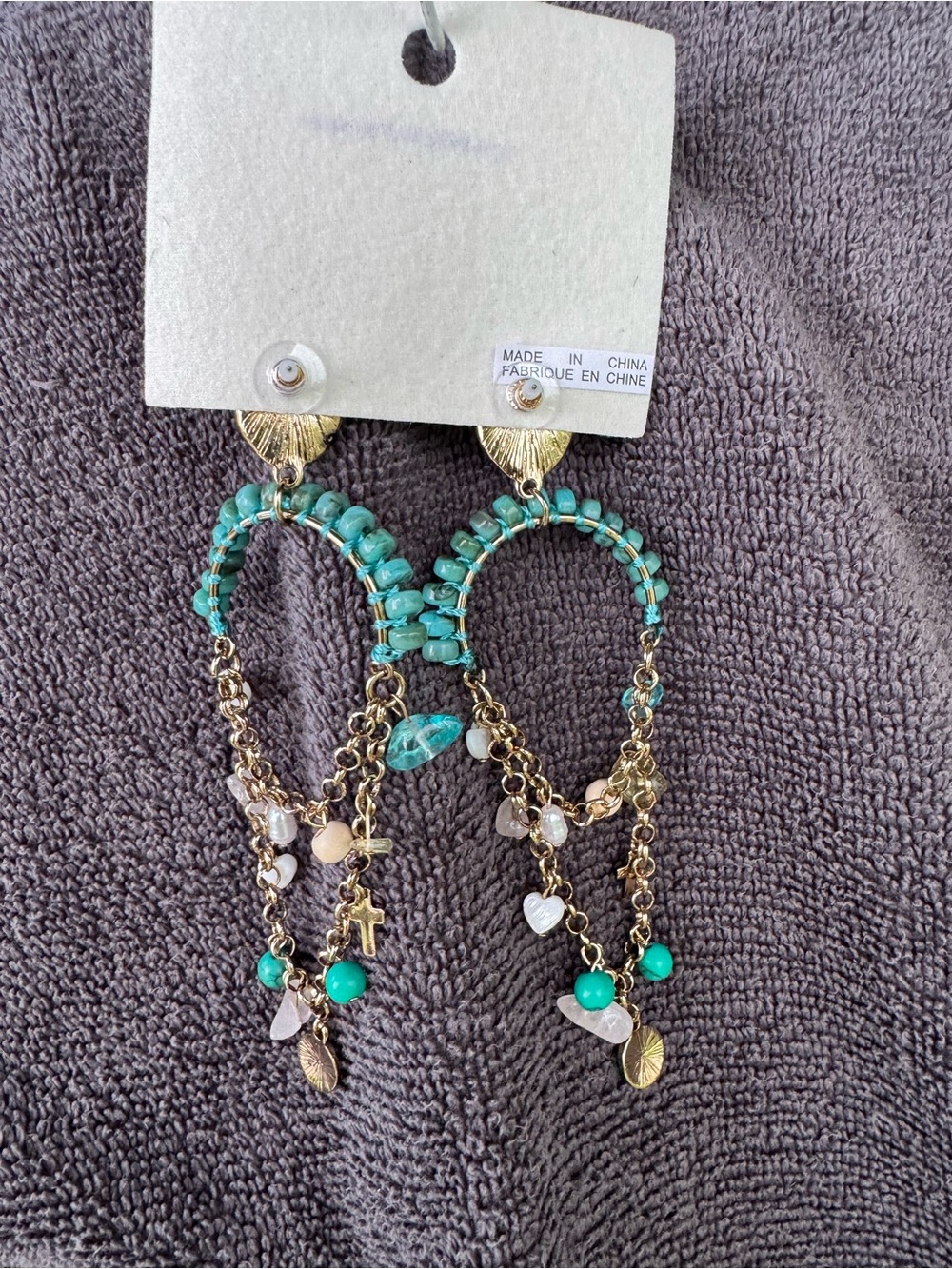 Free People Turquoise Beaded Hoop Dangle Earrings with Gold Accents - Picture 3 of 3